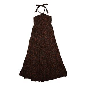 NICOLE MILLER $179 Linen Blend Halter Neck Tiered‎ Maxi Dress Animal Print Large